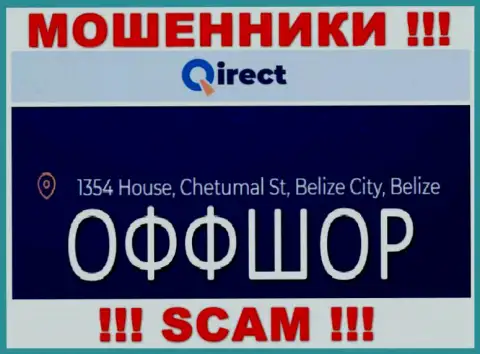 Компания Qirect Com указывает на онлайн-ресурсе, что расположены они в офшорной зоне, по адресу: 1354 House, Chetumal St, Belize City, Belize