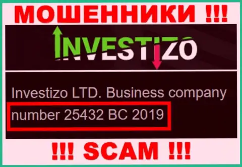 Investizo LTD internet махинаторов Investizo зарегистрировано под этим номером регистрации: 25432 BC 2019