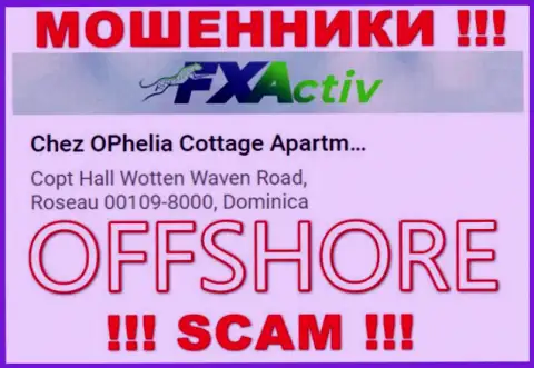 Организация FXActiv указывает на сайте, что находятся они в офшорной зоне, по адресу: Chez OPhelia Cottage ApartmentsCopt Hall Wotten Waven Road, Roseau 00109-8000, Dominica