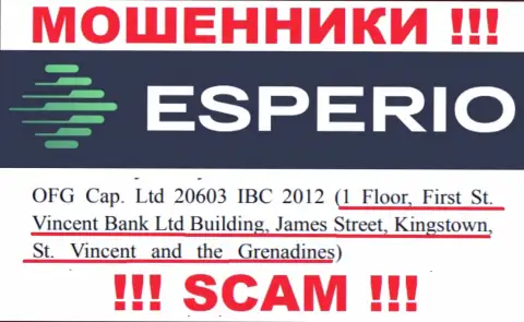 Мошенническая организация Esperio зарегистрирована в офшоре по адресу 1 Floor, First St. Vincent Bank Ltd Building, James Street, Kingstown, St. Vincent and the Grenadines, будьте очень внимательны